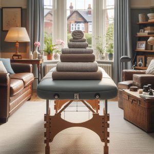 A picture of a massage table in a lounge with a bay window at the far end. The table is stacked with 6 folded towels.