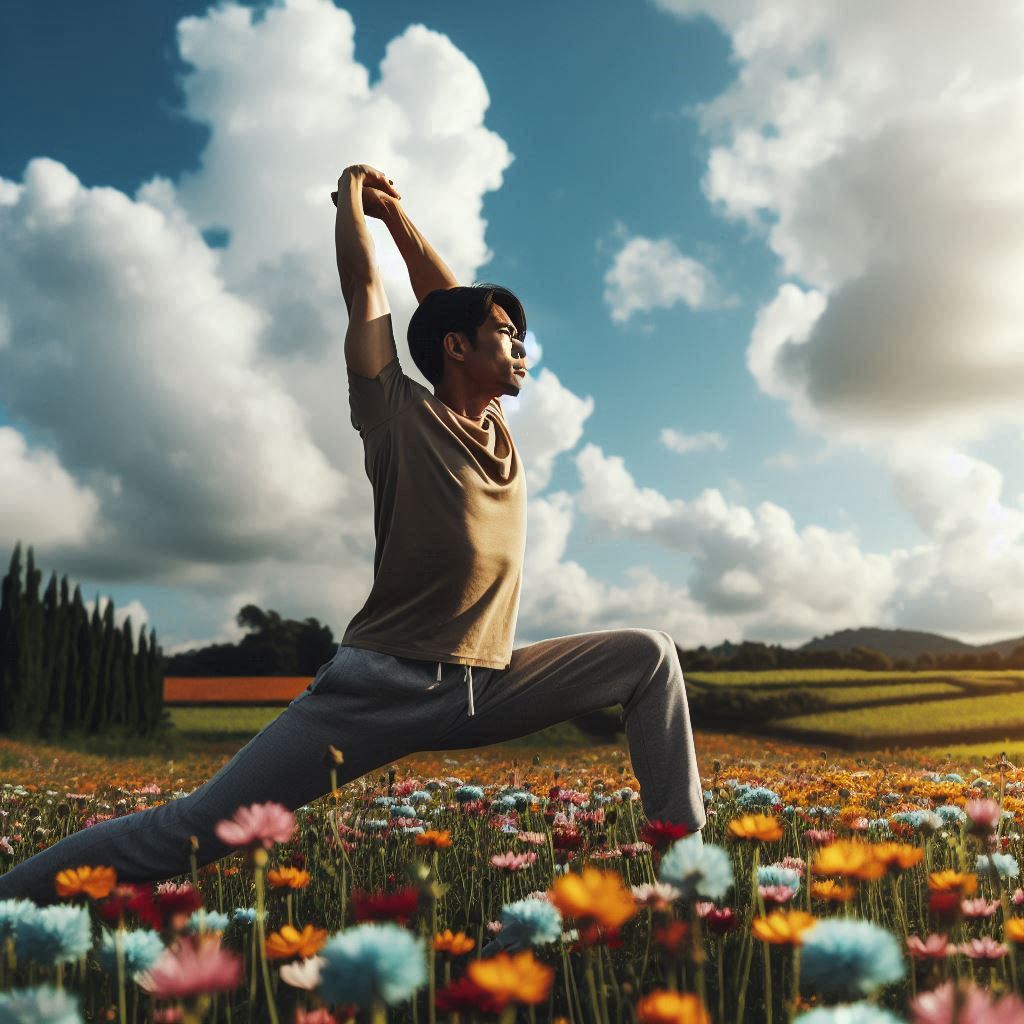 Man stretching in a field of flowers on a sunny day